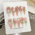 Unghie press-on fatte a mano con rose 3D, perle e cristalli su base rosa sfumata - Extra Piccolo (XS) / Stile Mandorla Lunga 1648