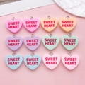Set of 12 colorful heart pendants with Sweet Heart print and metal rings for DIY jewelry - Resin Heart Sweetheart Letter Collection