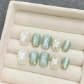 Uñas postizas artesanales verde ojo de gato con flores 3D y detalles de pan de oro - Extra Pequeño (XS) / 1803 Coffin Corto