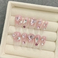 Unghie finte artigianali sfumate rosa con strass a cuore e punte a effetto ghiaccio - Extra Piccolo (XS) / Stile Medio Lungo Appuntito Rotondo (1694)