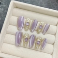 Uñas postizas hechas a mano lavanda ojo de gato con textura dorada y gemas púrpuras - Extra Pequeño (XS) / Estilo Coffin Mediano (1568)