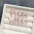 Faux ongles faits main rose pailleté avec nœuds 3D en soie et accents de strass luxueux - XS / 1783 Trapèze Court (1783)