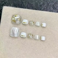 Handmade white press-on toenails with pearls and gold metal accents on velvet background - Small (S) / Foot Nails B66