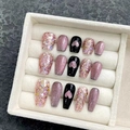 Uñas postizas ojo de gato rosa con purpurina y diseños de corazón en caja beige - Extra Pequeño (XS) / Estilo 1819 Ataúd Extra Corto