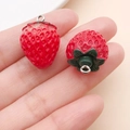 Realistic red resin strawberry charms with green leaves and silver rings for DIY jewelry - 3D Strawberry (16390)