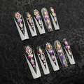 Handgemaakte lange coffin kunstnagels met zwart-witte V-French tips en AB-steentjes - Extra Klein (XS) / Zwart Wit V French Strass