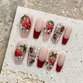 Handmade strawberry press-on nails with 3D fruit art, pearls and French tip design - Extra Small (XS) / Long Coffin Strawberry Style (1818)