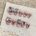 Uñas postizas French hechas a mano rosa degradado con pedrería de lujo y perlas - Extra Pequeño (XS) / Estilo Redondo Corto (1691)