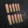 Unghie finte fatte a mano rosa nude a ballerina con glitter dorati e strass, 10 pezzi - Extra Piccolo (XS) / Stile Quadrato Sottile 1754