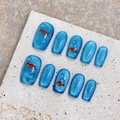 Blaue Cat-Eye-Nägel zum Aufkleben mit Fischmuster und 3D-Wassertropfen-Effekt - 1903 Medium Coffin Stil (Extra Small XS)