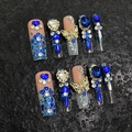 Handgefertigte Coffin-Press-on-Nägel mit blauen 3D-Herzjuwelen und goldenen Schmetterlingen - XS / Blauer Schmetterling Strass Stil (1880细狗方形)