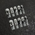 Gothic coffin plaknagels met wit honingraatpatroon, zwarte fluid art en glanzende steentjes - XS / Stijl 1935 Vierkant