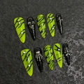 Gothic handmade press-on nails in neon green and black with 3D punk metal charms - XS / 1886 Long Stiletto