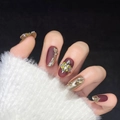 Unghie finte artigianali bordeaux e oro con strass a stella e texture vintage di lusso - Extra Piccolo (XS)
