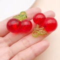 DIY red resin cherry pendant with green leaves for jewelry making, two-piece set - Large Clear Red Cherry with Green Leaf (24187)