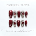 Macro detail of wine red handmade press-on nails with silver liquid metal and rhinestones - Extra Small (XS) / Red Buccellati Style (1246)