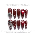 Burgundy cat eye press-on nails with silver dragon and red heart crystal charms - Extra Small (XS) / Dark Red Ruby (1267)