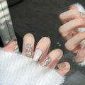 Unghie finte cat-eye argento e marrone con pietre glitterate e forma a trapezio lungo - XS / Bara Corta / Verde Chiaro/Aurora