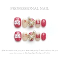 Detail of handmade red and white press-on nails with 3D lion dance and pearl bows - Extra Small (XS) / Lion Dance Fu