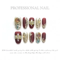 Luxury handmade press-on nails in matte dark red and gold with amber rhinestones - Extra Small (XS) / Graceful like a Startled Swan