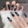 Long coffin press-on nails with dark green cat eye effect and 3D dragon design - XS / Dragon Lion Cat Eye