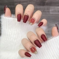 Matte red press-on nails with gold edges and 3D Fu character charms in coffin shape - Red Peony (1399) / Extra Small (XS)