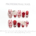 Set unghie finte fatte a mano rosse e bianche con fiocchi 3D, perle e strass luccicanti - XS