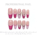 Uñas postizas French rosa y magenta con corazones de cristal 3D y perlas finas - XS / Flash French