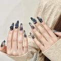 Unghie finte artigianali effetto marmo nero con gemme 3D e decori in argento - XS / Marmo Nero Traslucido