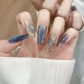 Donkerblauwe kattenoog handgemaakte kunstnagels met champagne gouden reliëfpatronen - Extra Klein (XS) / 1435 Medium Coffin