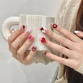 Faux ongles longs avec nœuds 3D roses, cœurs rouges et design français en strass - Très Petit (XS) / 1422 Princesse Française