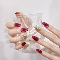 Unghie press-on cat-eye bordeaux di lusso, forma lunga a bara con strass e pietre preziose - Extra Piccolo (XS) / Stile Bara Corto