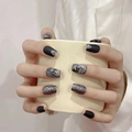 Unghie finte fatte a mano effetto cat-eye nero e argento con elegante finitura opaca - Extra Piccolo (XS) / Stile Farfalla Nero Argento (1425)