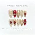 Uñas postizas rojas hechas a mano con relieve dorado 3D y adornos de perlas - XS / Almendra Glamour