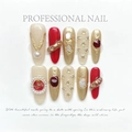 Uñas postizas barrocas con joyas rojas, perlas blancas y relieve dorado - XS / Óvalo Largo Glamour