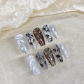 Unghie finte artigianali con motivi di farfalle e bambù in argento e finitura cat-eye marrone - Extra Piccolo (XS) / Stile (1477 Bara Media)