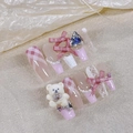 Unghie lunghe a ballerina fatte a mano rosa con orsetti 3D, fiocchi e perle - XS / 1444 Bara Lunga