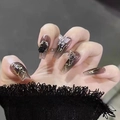 Handmade brown gradient press-on nails with 3D silver butterflies and black rose art - Dark Rose Butterfly Style (853)