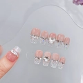 Unghie finte fatte a mano sfumate rosa con glitter argento e strass a forma di cuore - XS / 1545 Bara Corta-Rosa Nude
