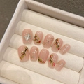 Handmade press-on nails with floral art and 3D silver butterfly on soft nude base - 1504 Extra Short Trapezoid Style (XS)