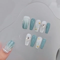 Handgefertigte Ocean-Nägel mit Muscheln, Perlen und Herz-Kristallen im Set - Extra Klein (XS) / 166 Graublau Ozean Stil Sargform