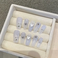 Handmade milky white gradient press-on nails with silver lines and 3D heart rhinestones - XS / Lavender Purple Gradient Coffin Style (402)