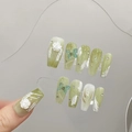 Unghie finte fatte a mano con sfumatura verde e decorazioni 3D di farfalle e fiori - XS / 304 Bara Media