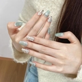 Unghie finte occhio di gatto verdi con glitter e forma a bara elegante - Extra Piccolo (XS) / 1526 Corto Bara