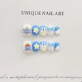 Unghie finte 3D fatte a mano blu e bianche con elefantino Dumbo e fiocchi carini - Extra Piccolo (XS)