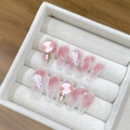 Unghie finte fatte a mano a forma di bara con coniglio 3D e sfumature rosa marmo - Extra Piccolo (XS) / 1600 Bara Media (1600中梯)