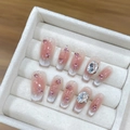 Uñas postizas artesanales rosa ojo de gato con puntas brillantes y pedrería floral - Extra Pequeño (XS) / Estilo de Trapecio Mediano (1519)