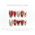 Handmade red and gold press-on nails with heart-shaped rhinestones and metallic finish - Extra Small (XS) / New Year Armor