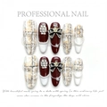Elegant wine red and tweed press-on nails with bow, pearls and crystals decor - Extra Small (XS) / Noble Tweed Style