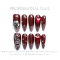 Dark burgundy 3D press-on nails with silver dragon, heart rhinestones, and cat-eye glitter - Extra Small (XS) / Dark Red Ruby (1267)